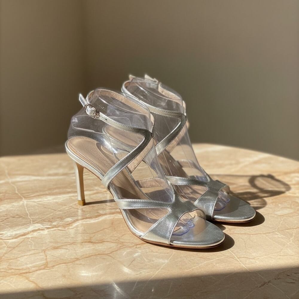 Stuart Weitzman Mariposa Silver Criss Cross‎ Ankle Strap Heel Stiletto Size 8